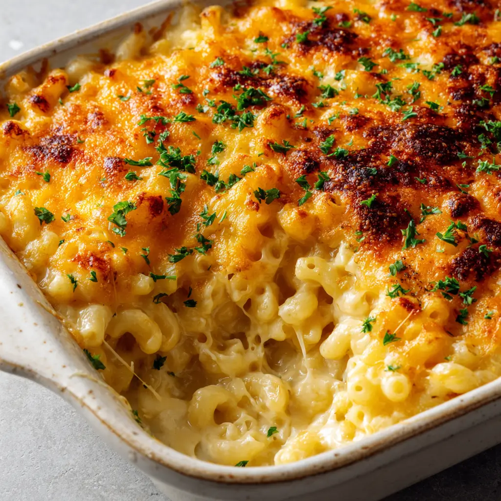 A scoop of John Legend Mac and Cheese being lifted from the dish, showing the glossy sauce and gooey, stringy cheese.