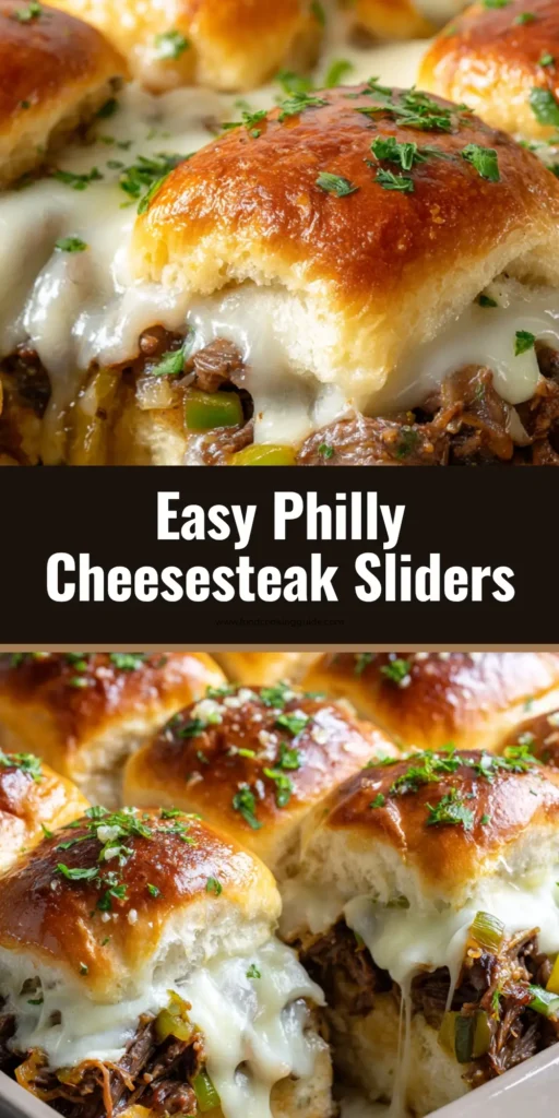 A close-up angled shot of pull-apart Philly Cheesesteak Sliders in a baking dish. The sliders are loaded with browned steak, caramelized onions, and gooey provolone cheese, topped with a garlic butter glaze.