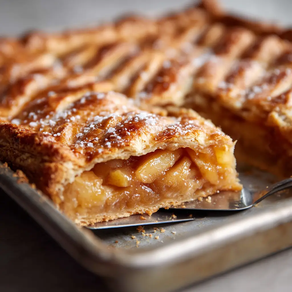 A silver spatula lifting a thick square piece of apple slab pie, revealing tender baked apples coated in a light amber cinnamon syrup.