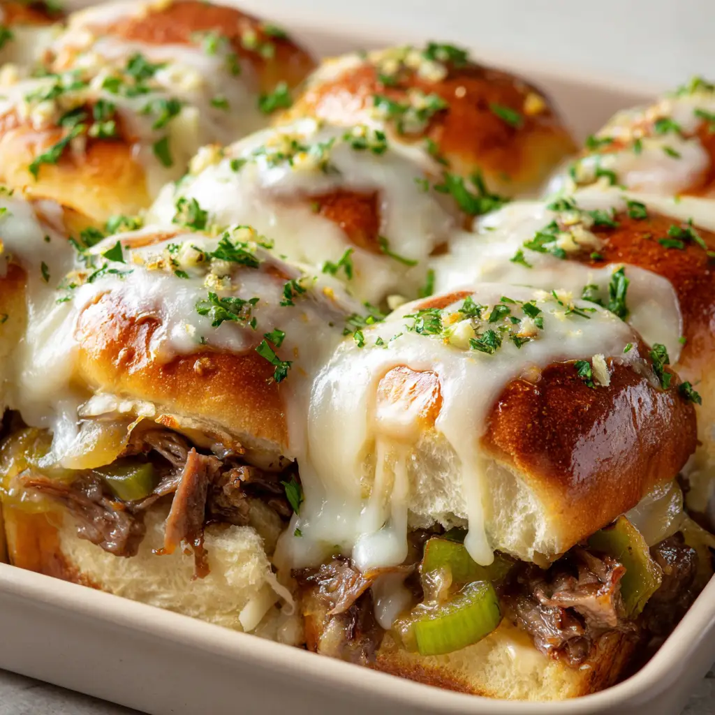 A final shot of the baked Philly Cheesesteak Sliders, golden-brown and glistening with garlic butter glaze, showing a cheese pull between two sliders.