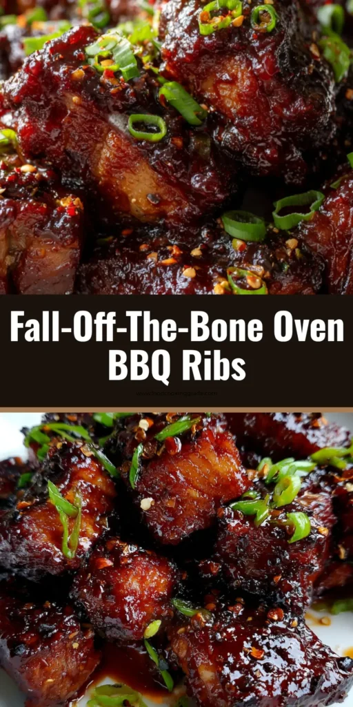Oven roasted country style pork ribs glistening with a thick, sticky dark mahogany BBQ glaze. The ribs have charred, caramelized edges and are garnished with fresh green onions and coarse black pepper.