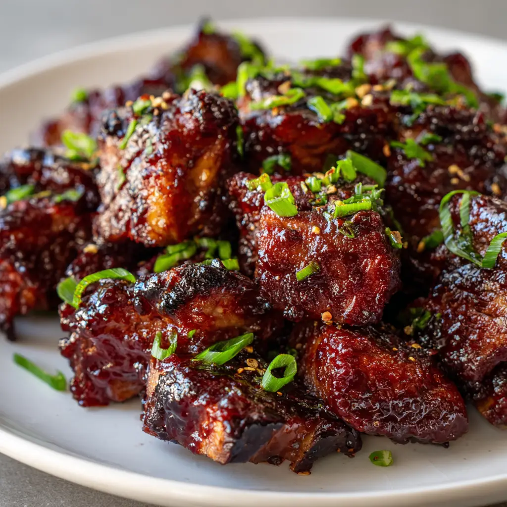 A detailed shot of caramelized charred edges on sticky oven-roasted country style pork ribs. Finely chopped green onions and black pepper are scattered on top.
