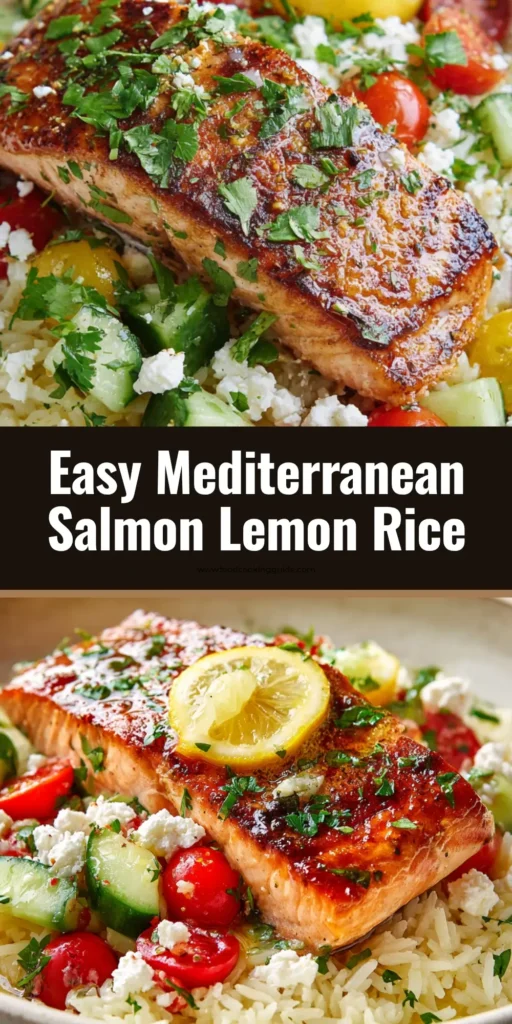 Mediterranean Salmon Lemon Rice: A 30-Minute Healthy Feast 4 A close-up of a rustic white bowl with Mediterranean salmon lemon rice. The pan-seared salmon has a golden crust and sits on fluffy yellow rice, garnished with cherry tomatoes, cucumber, feta, and parsley.