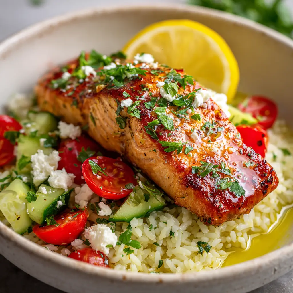 Home 8 An overhead view of the Mediterranean salmon lemon rice bowl, showing the glossy, caramelized salmon crust and fresh, colorful toppings like feta and tomatoes. (Mediterranean salmon lemon rice)