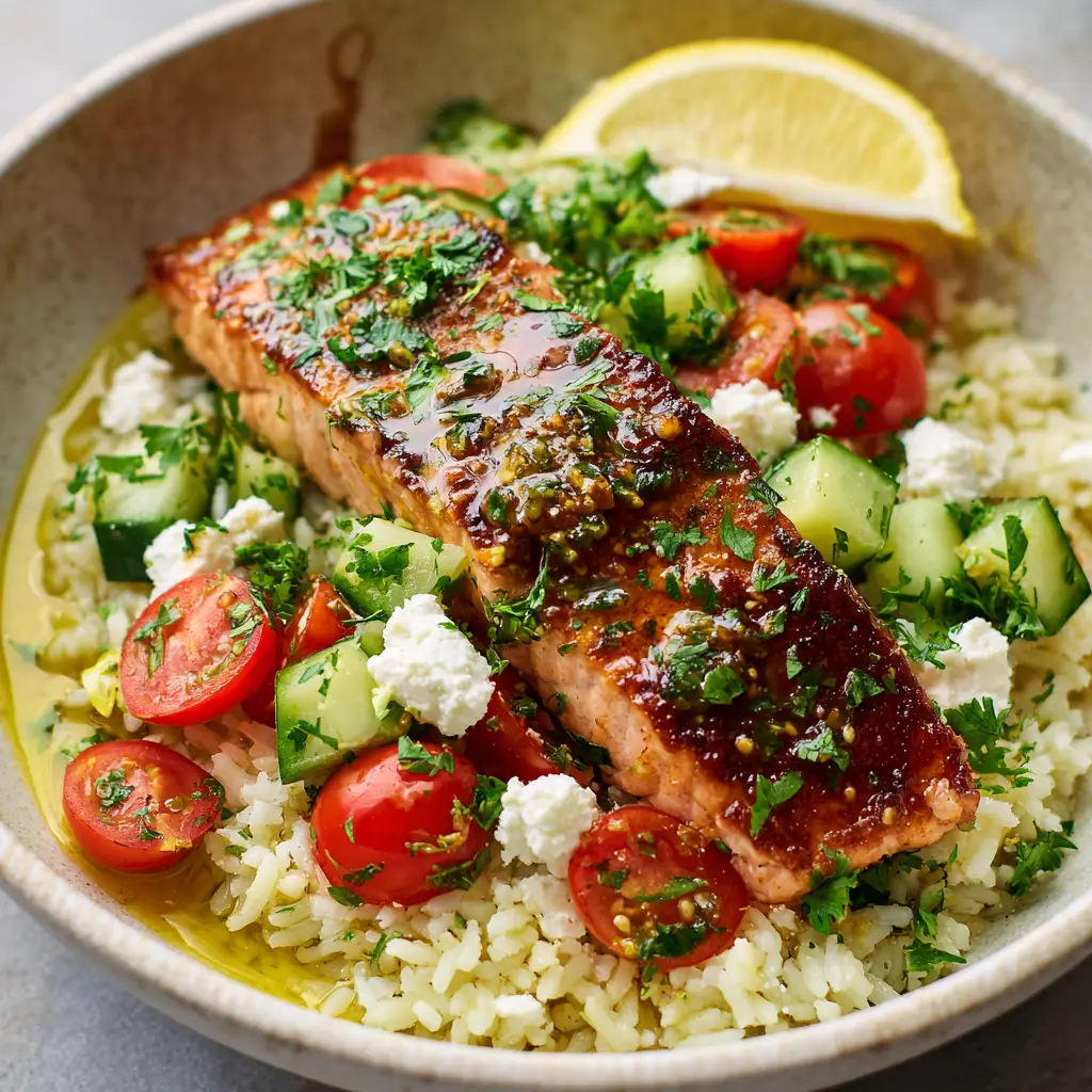 Mediterranean Salmon Lemon Rice: A 30-Minute Healthy Feast 1 A side-angle shot of the salmon and rice bowl, highlighting the flaky pink interior of the salmon fillet against the pale yellow lemon rice.