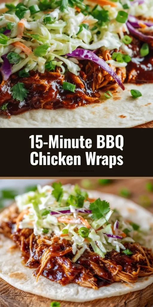 Ultimate BBQ Chicken Wraps (So Easy, So Juicy!) 4 A perfectly assembled BBQ chicken wrap cut in half to show the filling of shredded chicken, coleslaw, and fresh herbs.
