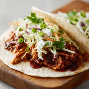 A close-up handheld photo showing a BBQ chicken wrap being assembled on a wooden board. The filling of dark BBQ chicken and vibrant coleslaw is visible inside a soft flour tortilla.