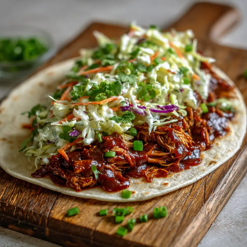 Ultimate BBQ Chicken Wraps (So Easy, So Juicy!) 1 A finished BBQ chicken wrap, partially folded to showcase the juicy chicken, colorful slaw with green and purple cabbage, and a garnish of green onions and cilantro.