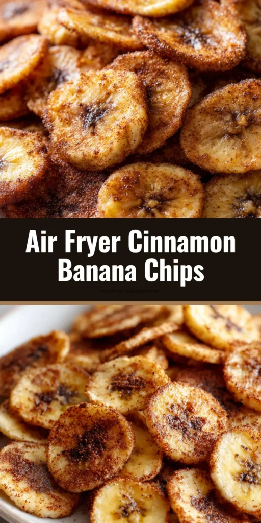 A sharable pin image showing crispy, golden brown air fryer cinnamon banana chips with text overlay for Pinterest.