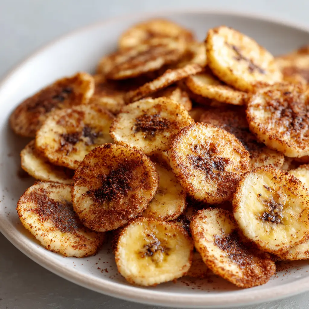A close-up shot of crispy air fryer cinnamon banana chips scattered on a white ceramic plate. The chips are golden brown with darker toasted edges and a visible dusting of cinnamon.