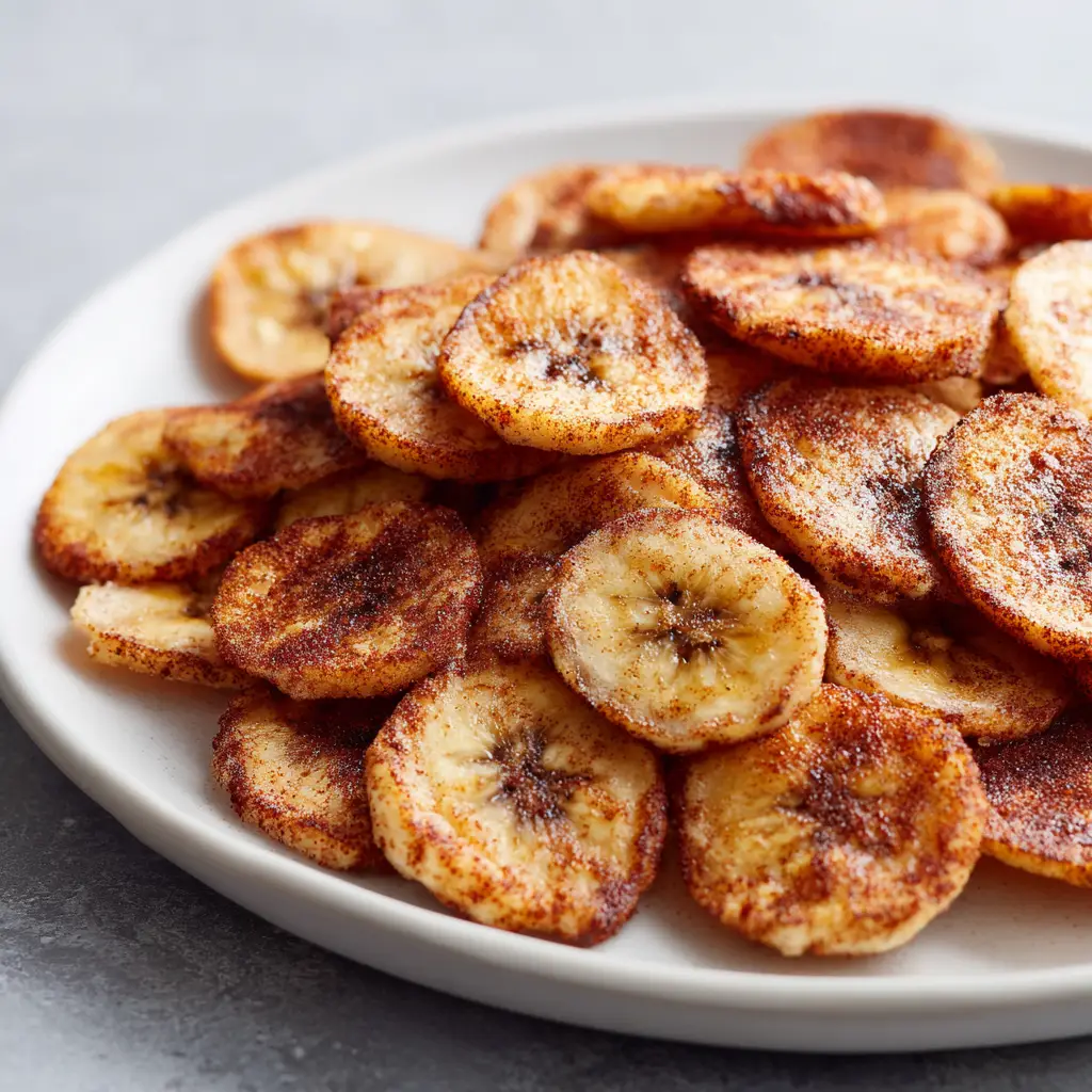 An overhead shot of homemade air fryer cinnamon banana chips, showing their slightly wavy and crunchy texture.