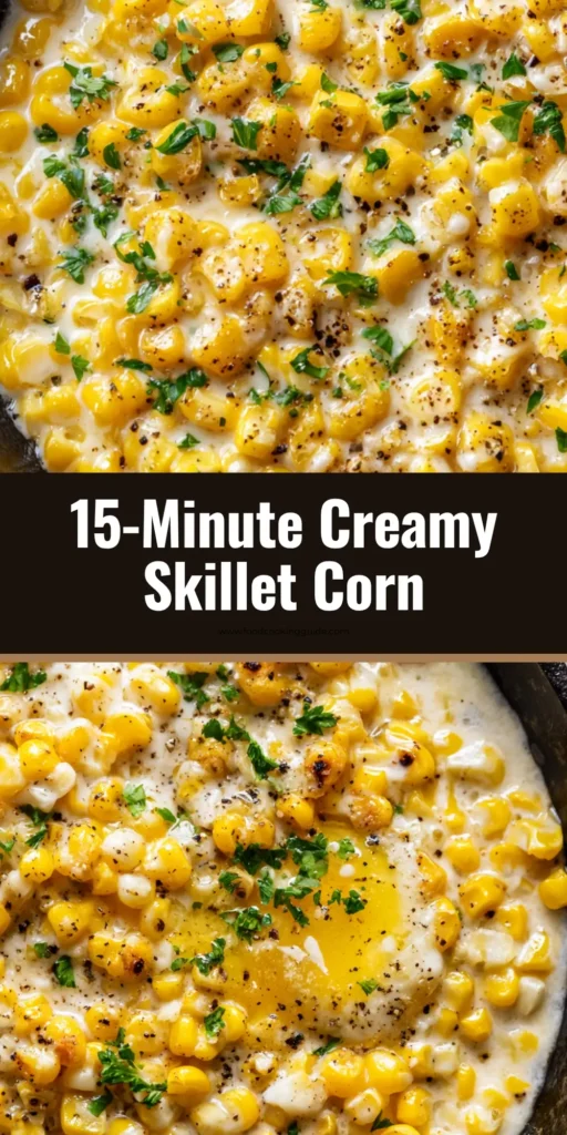 An overhead close-up of Creamy Honey Butter Skillet Corn in a black cast iron pan. The corn is coated in a thick, creamy sauce with pools of melted butter, a drizzle of honey, and garnished with parsley and black pepper.