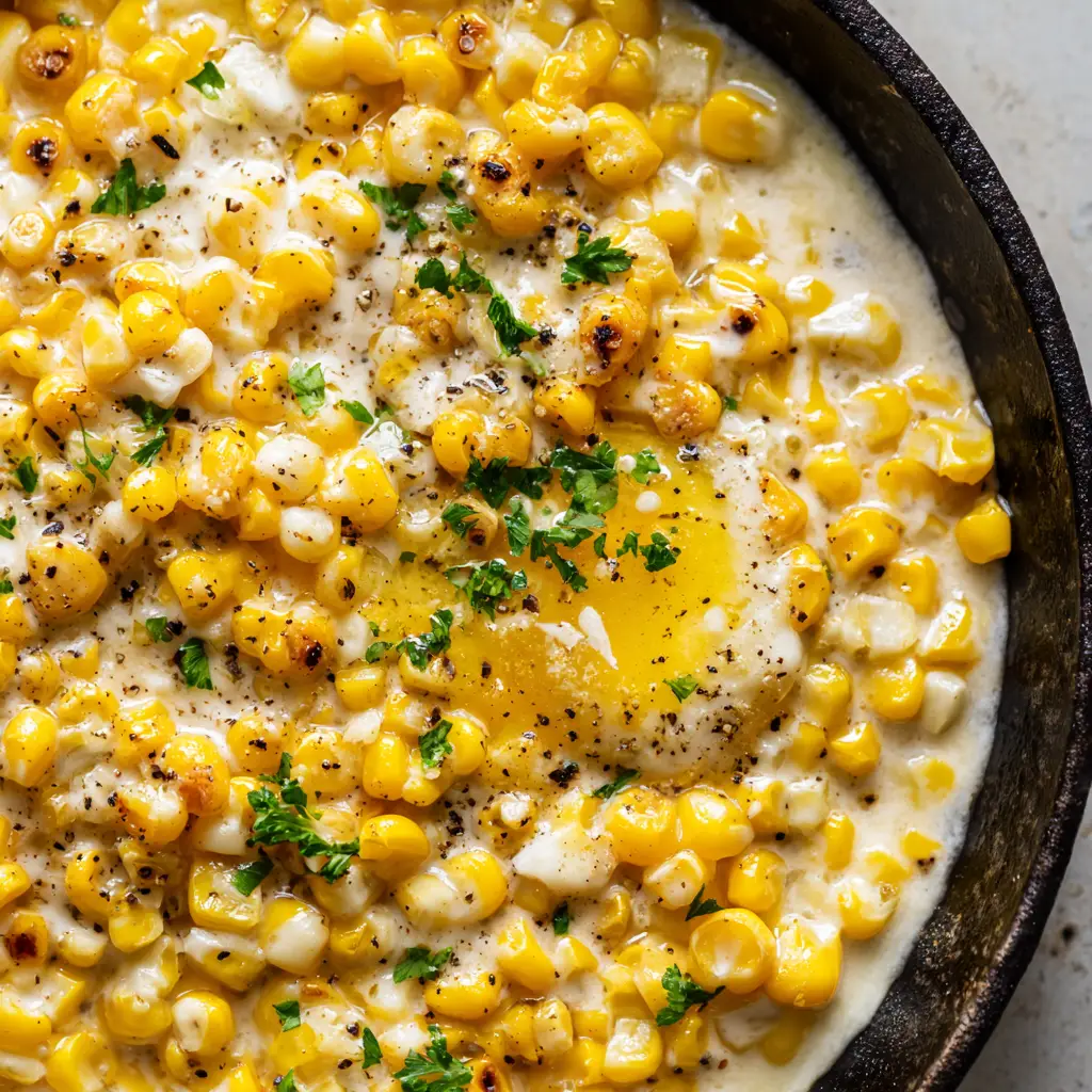 A detailed shot of Creamy Honey Butter Skillet Corn, showing the texture of the thick, pale-yellow sauce clinging to bright yellow corn kernels with slight charring.