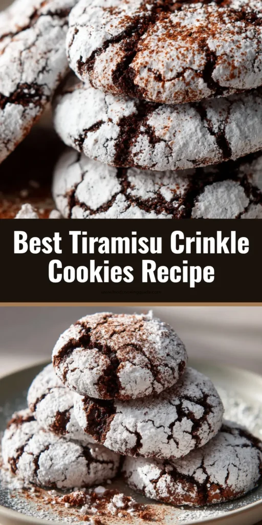A close-up of a stack of Tiramisu Crinkle Cookies, heavily coated in powdered sugar with deep, dark fissures revealing a fudgy espresso-cocoa interior.