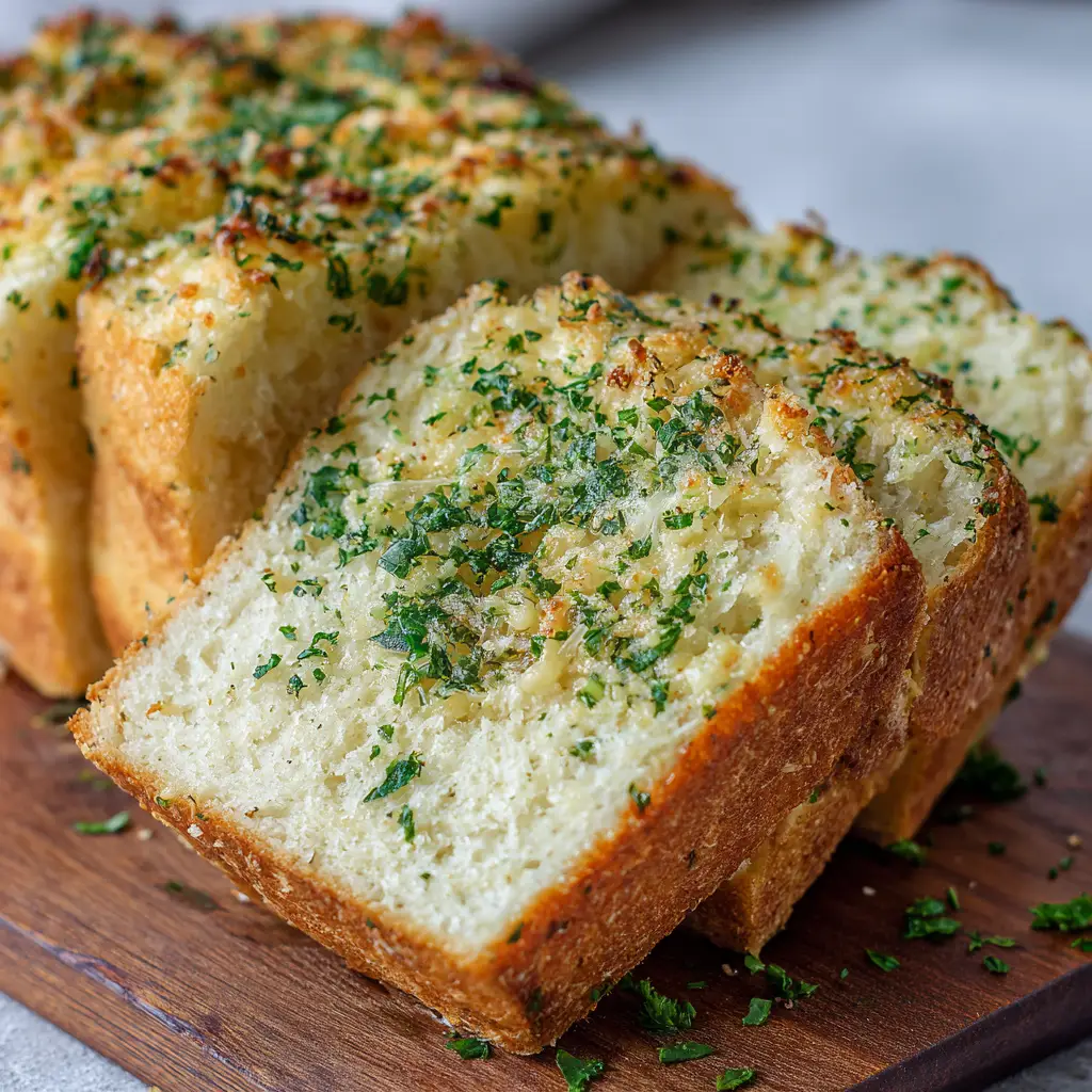 A close-up view showing the soft fluffy white crumb interior and crispy golden crust of garlic herb bread sprinkled with fresh green parsley.