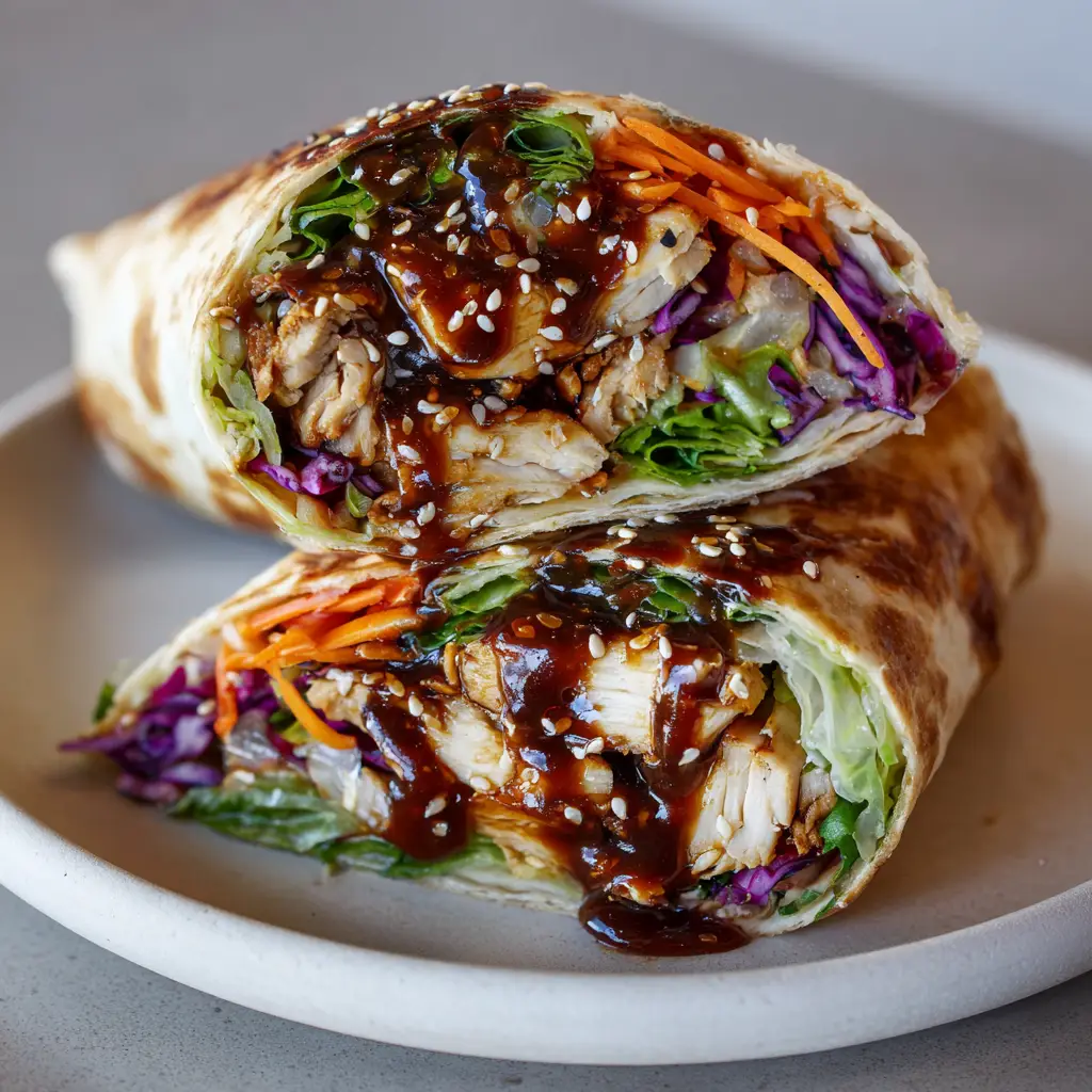 Two halves of a homemade teriyaki chicken wrap on a white ceramic plate against a neutral background, styled like a handheld photo.