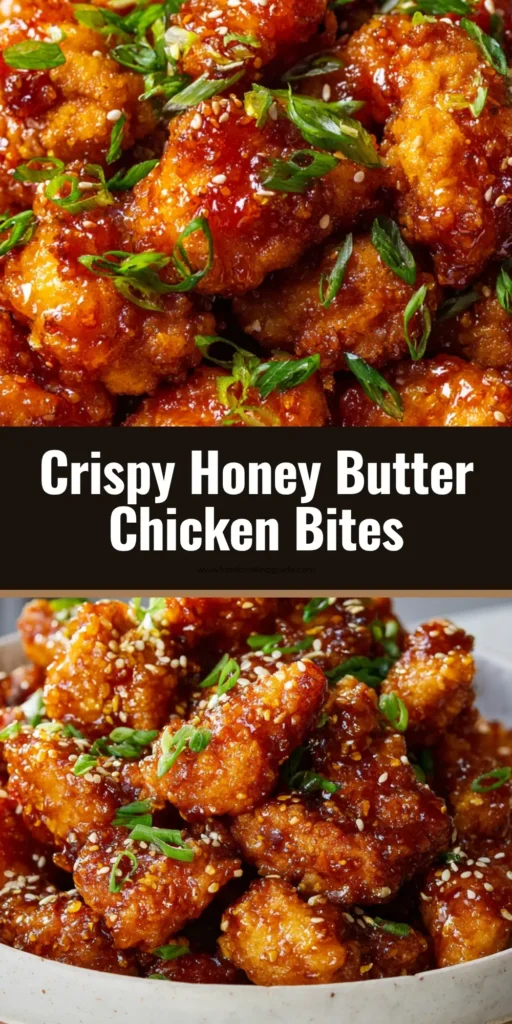 A close-up overhead shot of Honey Butter Chicken Bites in a white bowl, showing the glossy glaze and garnished with sesame seeds and scallions.