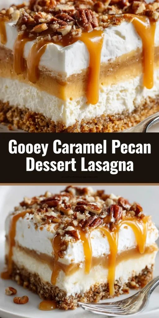A top-down view of a 9x13 pan of Caramel Pecan Lasagna, showing the layers of graham cracker crust, cream cheese, caramel pudding, and whipped cream, garnished with caramel drizzle and toasted pecans.