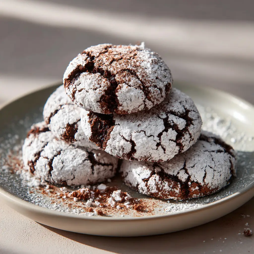 A stack of round dark espresso Tiramisu Crinkle Cookies on a matte ceramic plate, showing the dramatic contrast between the white powdered sugar and the dark cookie.