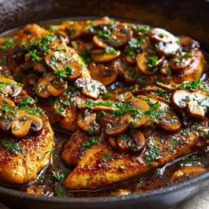A close-up view of golden pan-seared chicken cutlets in a skillet, generously topped with a glossy Marsala wine sauce, sautéed mushrooms, and fresh herbs. (Chicken Marsala)