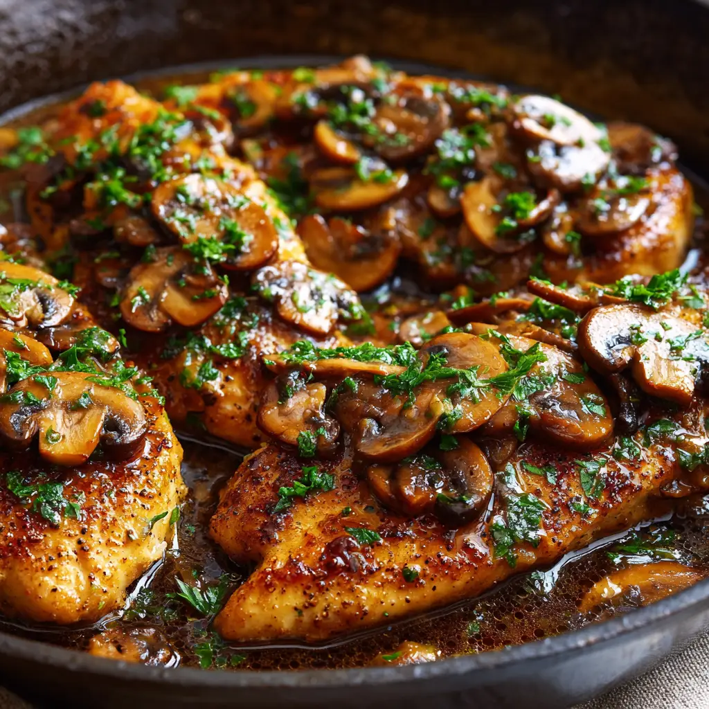 A close-up view of golden pan-seared chicken cutlets in a skillet, generously topped with a glossy Marsala wine sauce, sautéed mushrooms, and fresh herbs. (Chicken Marsala)
