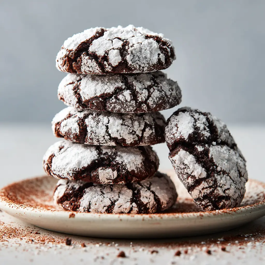 An overhead view of Tiramisu Crinkle Cookies, with scattered crumbs and a light dusting of cocoa powder on the plate surface.