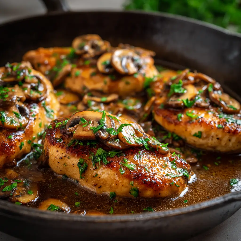 Restaurant-Quality Chicken Marsala in a Cast Iron Skillet 1 A rustic black cast iron skillet filled with Chicken Marsala, showing the rich, amber-brown sauce coating tender cremini mushrooms and chicken.