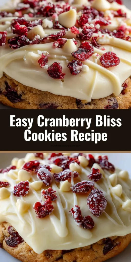 The Ultimate Cranberry Bliss Cookies (Better Than the Bar!) 4 A close-up overhead shot of several Cranberry Bliss Cookies arranged on a surface. Each cookie has a thick cream cheese frosting, chopped cranberry garnish, and a white chocolate drizzle.