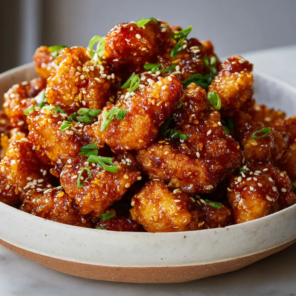 A detailed close-up of crispy golden-brown Honey Butter Chicken Bites piled in a rustic white ceramic bowl, highlighting the crunchy texture and thick amber glaze.