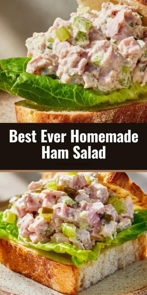 A mouth-watering, freshly made Homemade Ham Salad sandwich served on rustic lightly toasted sourdough bread.