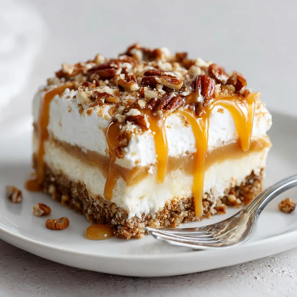 A perfect slice of Caramel Pecan Lasagna on a white ceramic plate. The layers are clearly visible: a crumbly pecan crust, a thick white cream cheese layer, a smooth caramel pudding layer, and a whipped cream topping with caramel drizzle.