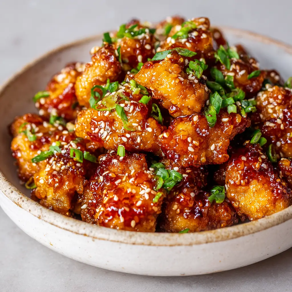 Another angle of the Honey Butter Chicken Bites, showcasing the heavy garnish of toasted white sesame seeds and fresh, vibrant green scallions.
