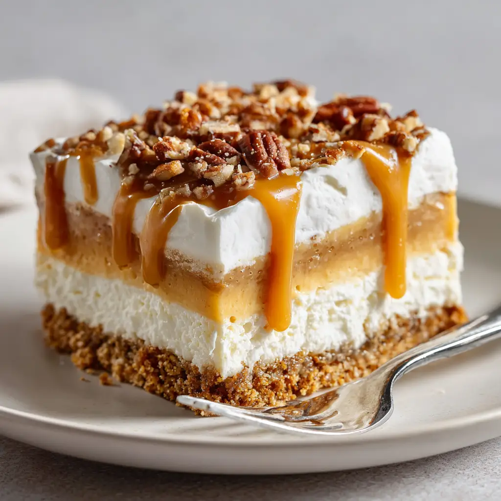 A close-up shot of a square slice of layered caramel pecan dessert on a plate, with a silver fork resting beside it, highlighting the textures of the various layers in soft daylight.