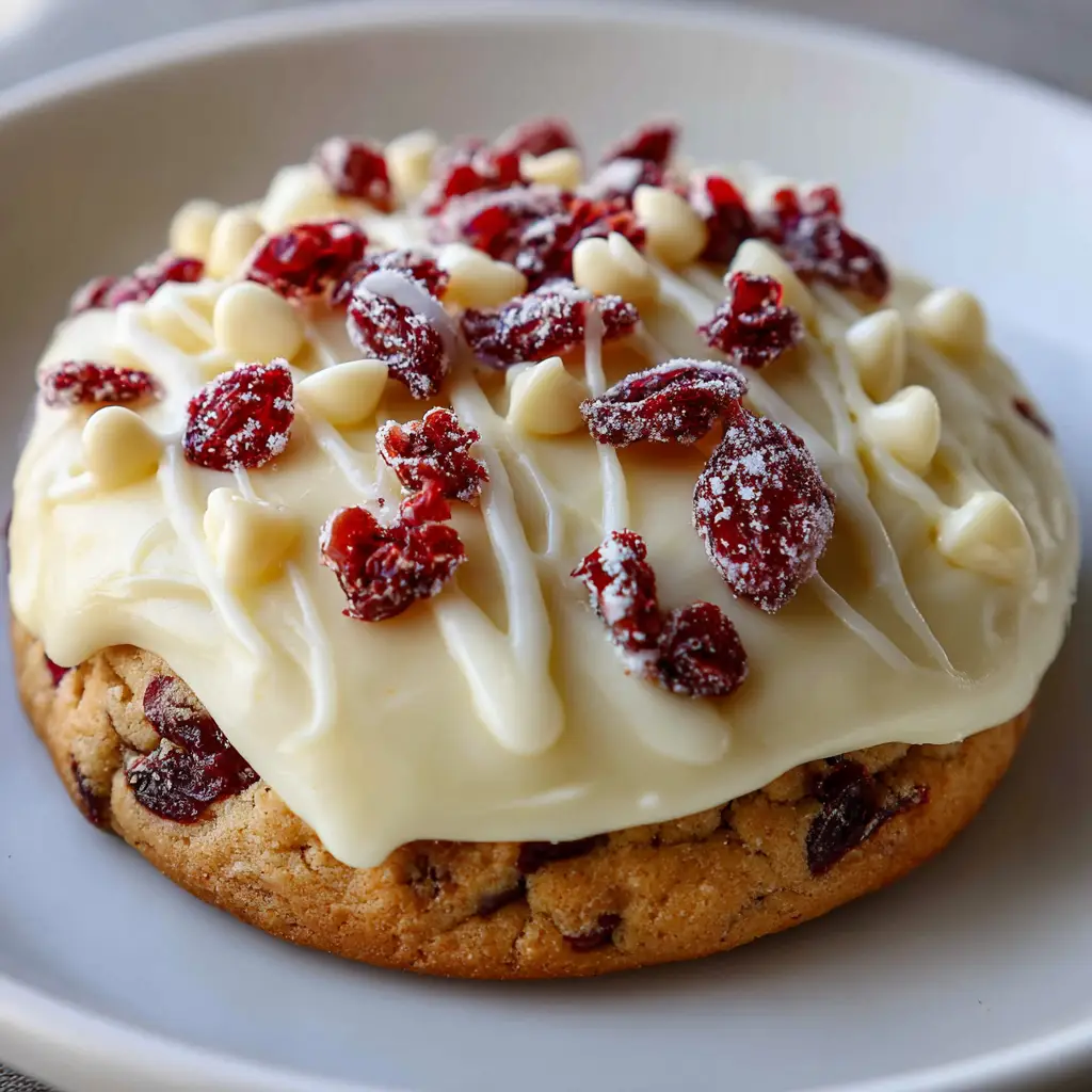 A close up photo of a single Cranberry Bliss Cookie held in a hand. The cookie is thick and soft, with a generous layer of white cream cheese frosting, cranberry topping, and a white chocolate drizzle.