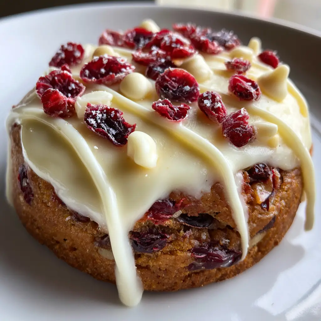 The Ultimate Cranberry Bliss Cookies (Better Than the Bar!) 1 A thick, soft-baked Cranberry Bliss Cookie resting on a white ceramic plate. The image highlights the golden-brown edges, baked-in cranberries, and the smooth, thick cream cheese frosting with its garnish.