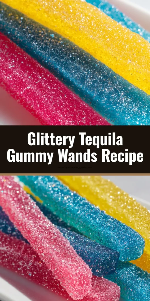 A close up shot of several neon Tequila Gummy Wands stacked casually on a white marble platter, heavily coated in shimmering edible glitter.