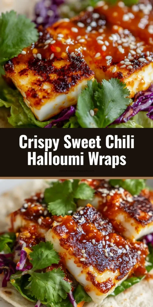 A visually appealing pin for Sweet Chili Halloumi Wraps, showing crispy cheese and fresh vegetables in a soft tortilla.