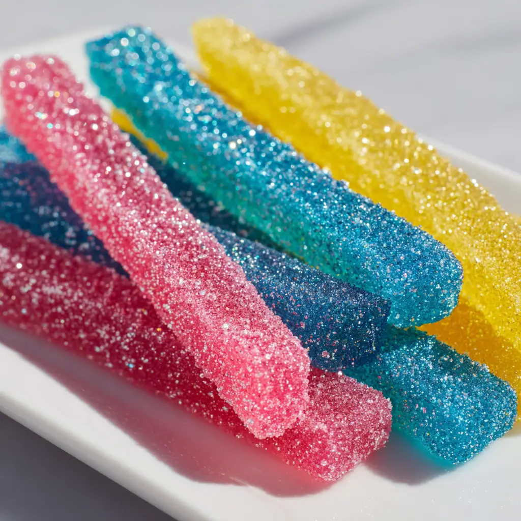 An extreme close-up of vibrant pink, blue, and yellow Tequila Gummy Wands, showing the thick, textured layer of edible glitter and fine sugar crystals.