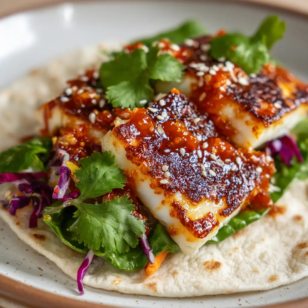 A close-up photo of a finished Sweet Chili Halloumi Wrap on a white plate, showing the crispy pan-fried halloumi, fresh lettuce, shredded purple cabbage, and a glossy sweet chili sauce.
