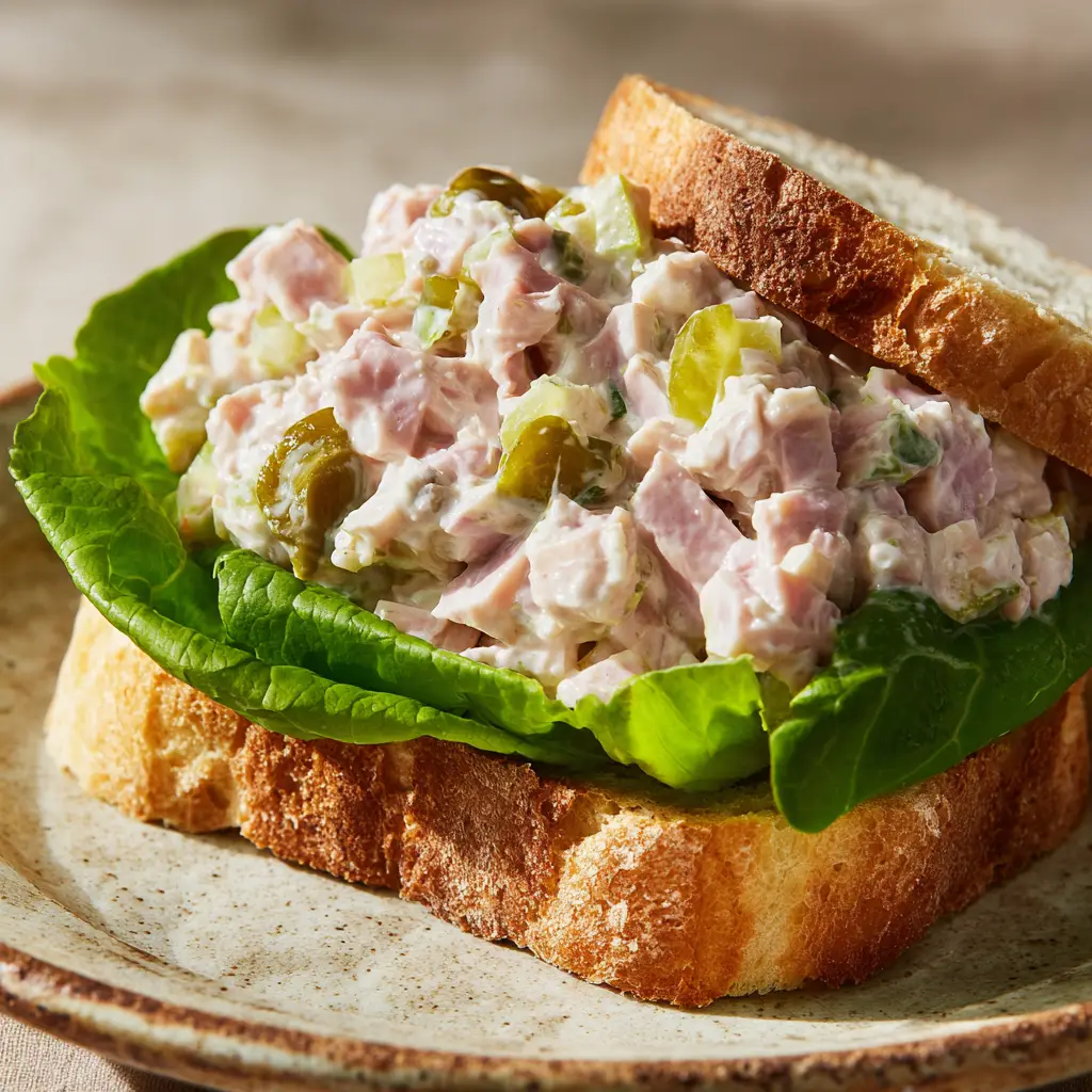 Close-up handheld shot of a Homemade Ham Salad sandwich revealing finely minced ham, diced celery, and glossy mayonnaise.