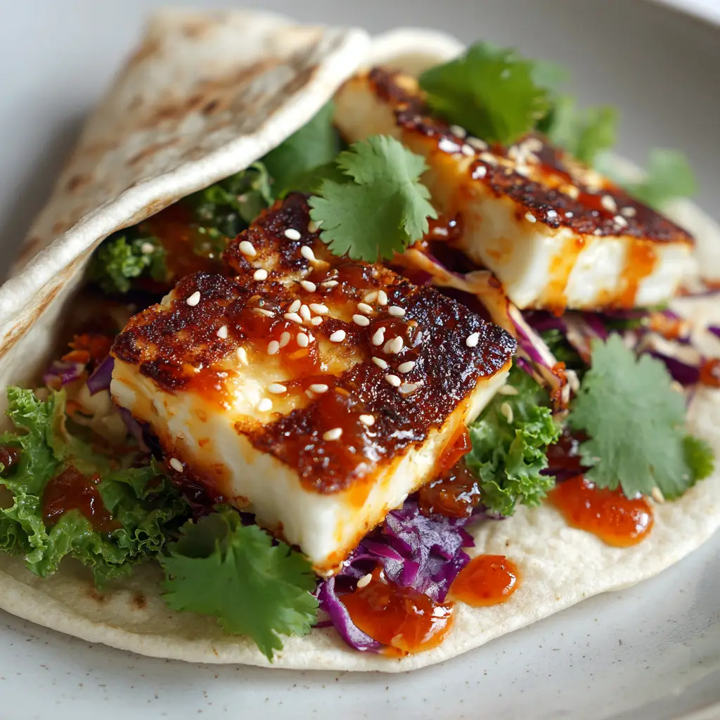 An overhead shot of the Sweet Chili Halloumi Wrap, showcasing the layers of ingredients including toasted sesame seeds and fresh cilantro.