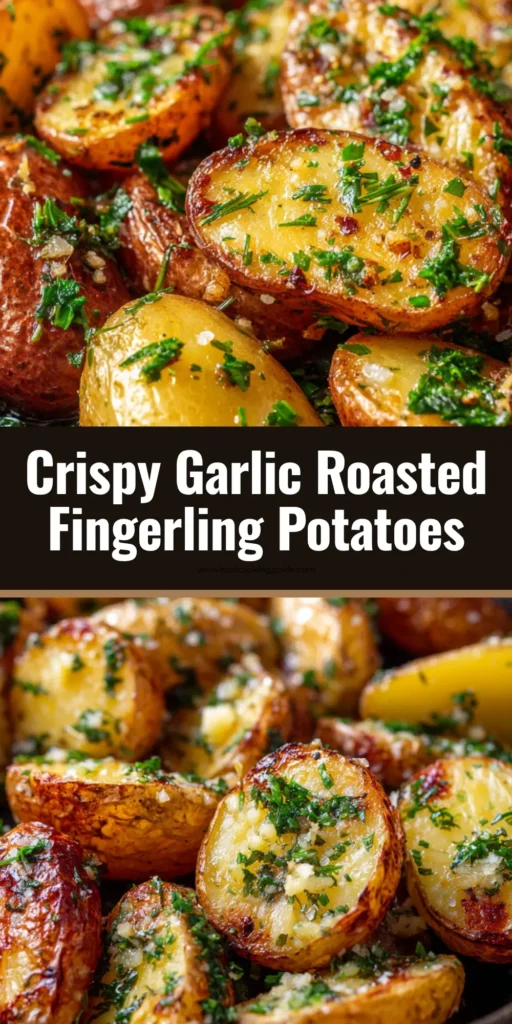 Golden-brown roasted fingerling potatoes in a cast iron skillet, garnished with fresh parsley, rosemary, and sea salt. (Roasted Fingerling Potatoes)