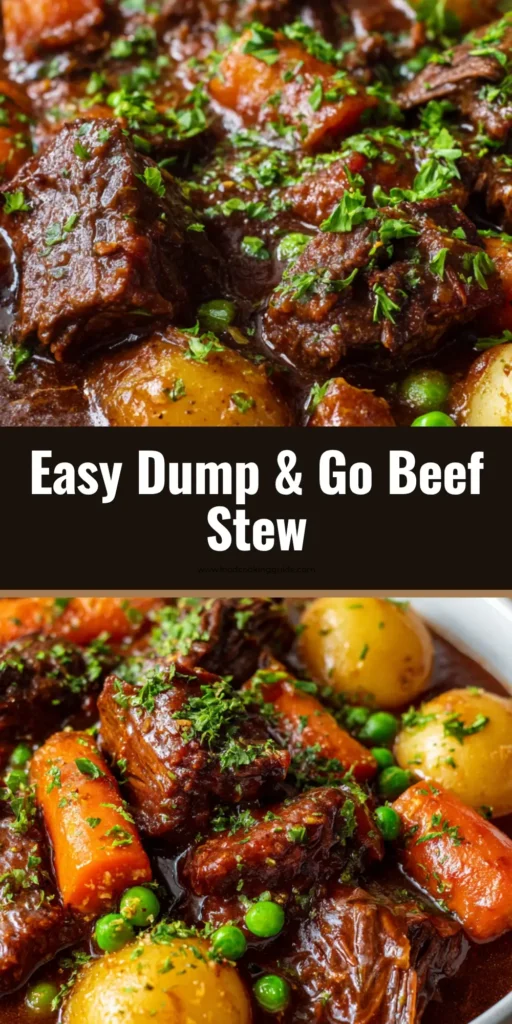 A close up of a rustic bowl filled with hearty Crockpot Beef Stew, featuring tender beef chunks, carrots, and potatoes in a thick, dark brown gravy, garnished with parsley.