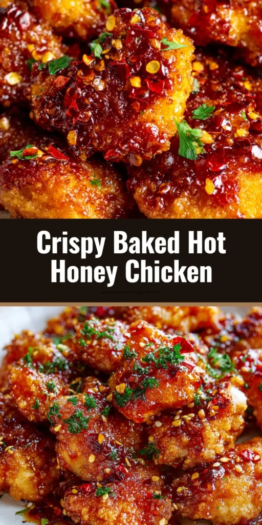 A shareable pin image showing crispy Baked Hot Honey Chicken chunks on a white plate, with a thick, glossy glaze and a sprinkle of parsley and chili flakes.