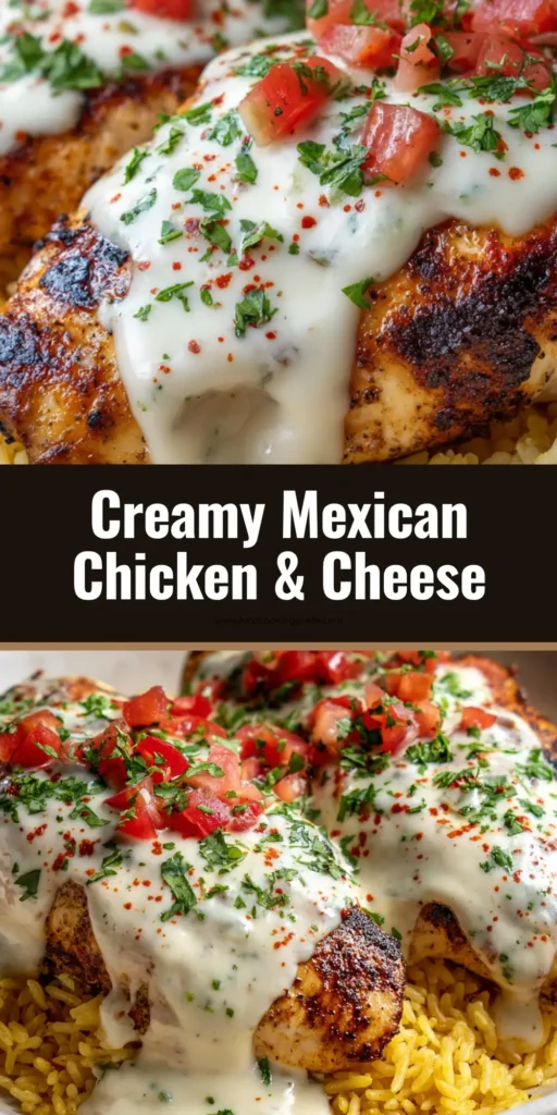 Mexican Chicken with Cheese Sauce (Restaurant-Style at Home) 4 A top-down view of Mexican Chicken with Cheese Sauce served on a white plate. The pan-seared chicken is covered in a thick white queso and garnished with cilantro and tomatoes, all on a bed of yellow rice. (Mexican Chicken with Cheese Sauce)