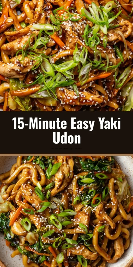 A close-up overhead shot of a rustic bowl filled with Yaki Udon. The dish features thick, glossy noodles in a dark soy sauce, mixed with chicken strips, carrots, and cabbage, and garnished with scallions and sesame seeds. (Yaki Udon Recipe)