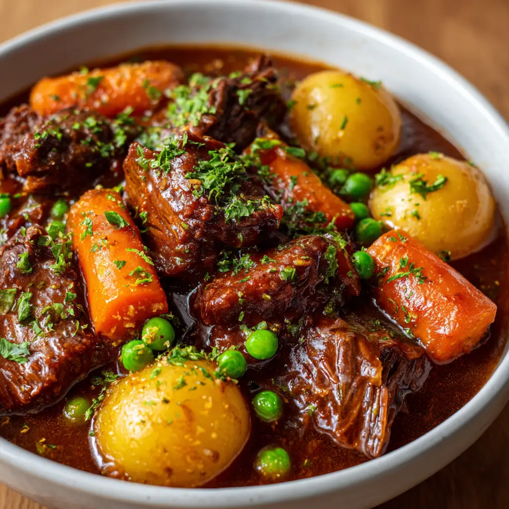 An overhead shot of a ceramic bowl of Crockpot Beef Stew, highlighting the glossy, rich dark brown gravy and vibrant green peas.