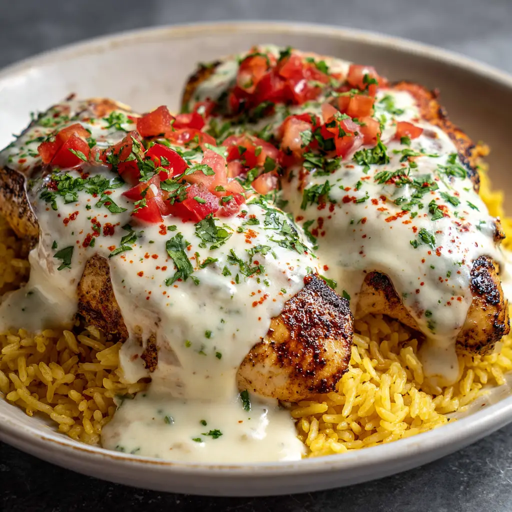 A close-up shot of two pan-seared chicken breasts smothered in a glossy white queso sauce, with fresh cilantro and diced tomato garnish. (Mexican Chicken with Cheese Sauce)