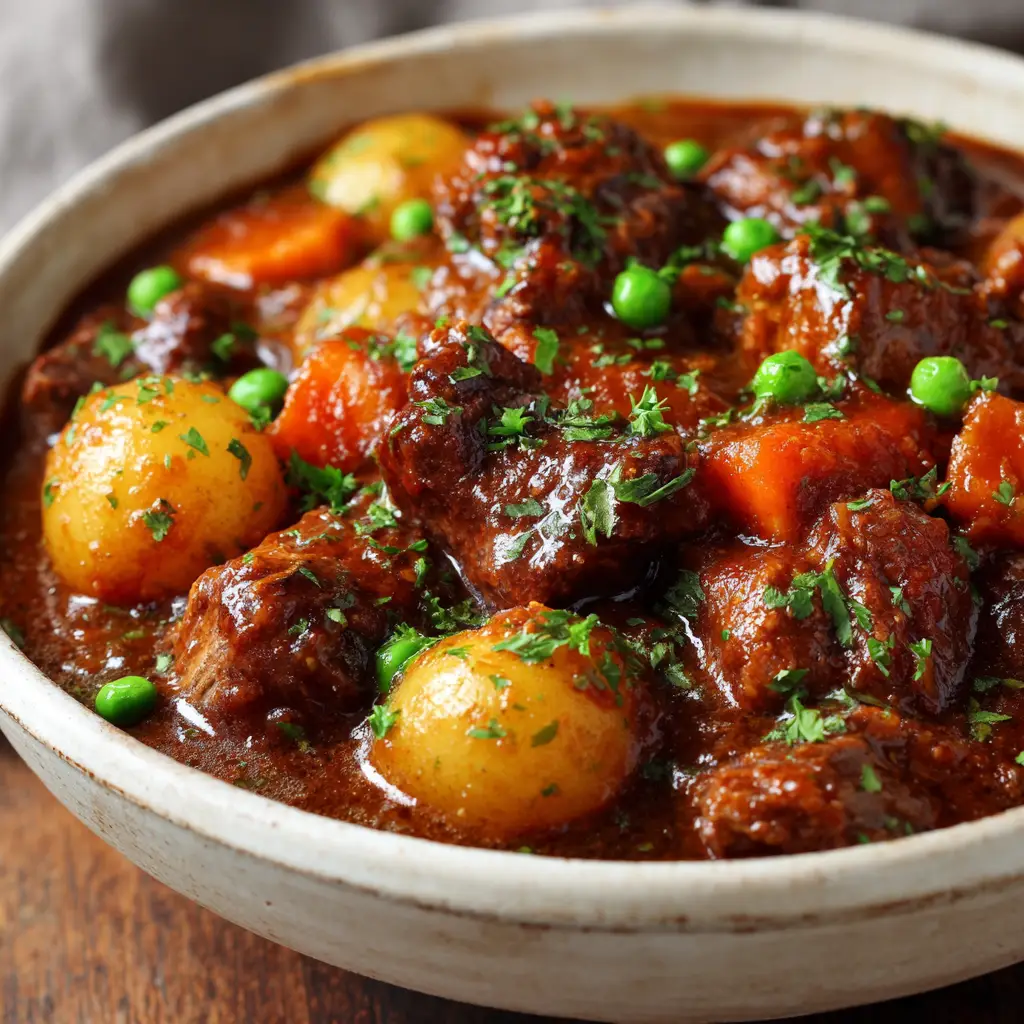 A side angle of the hearty beef stew, showing the fork-tender beef chunks, orange carrot rounds, and halved baby yellow potatoes with skin on.