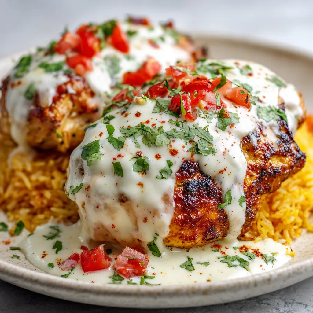 Mexican Chicken with Cheese Sauce (Restaurant-Style at Home) 1 An angled view of the finished Mexican Chicken with Cheese Sauce on a bed of fluffy yellow rice, showing the charred sides of the chicken.